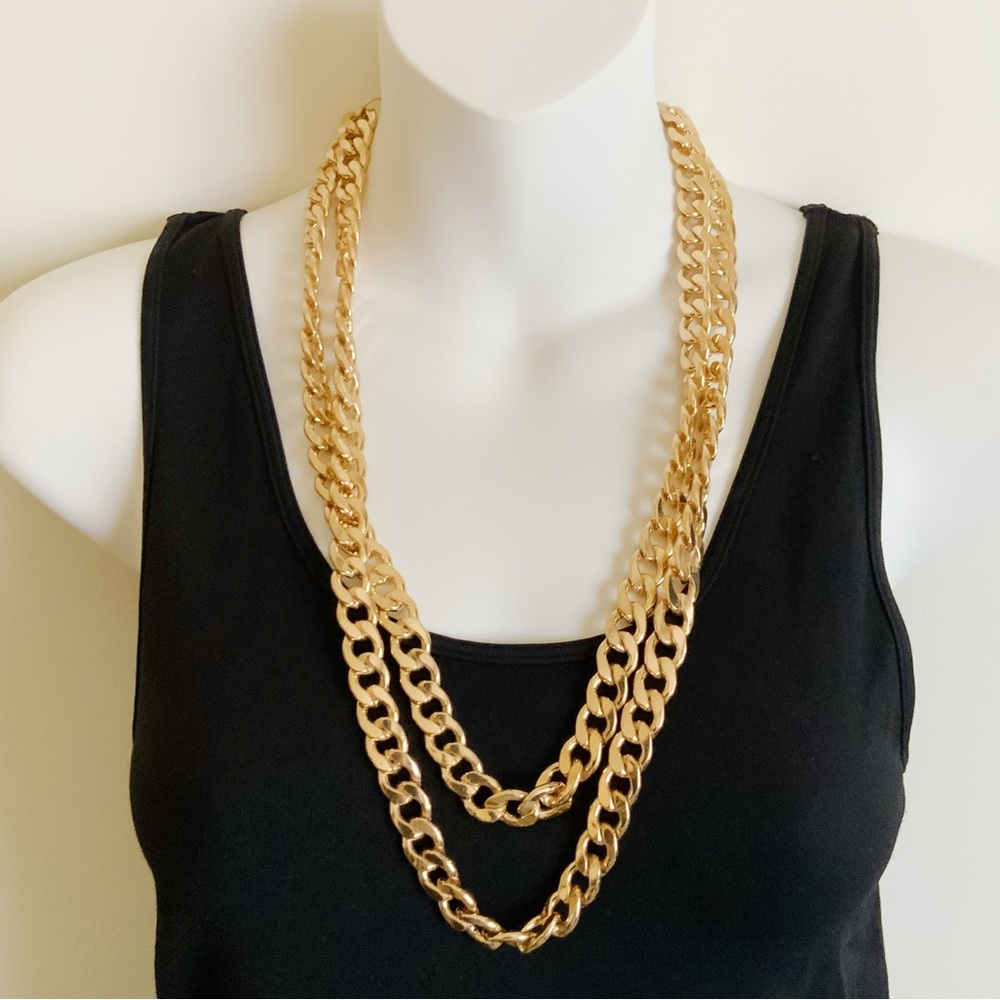 Gold Tone Link, Solid Double Drape Necklace Nwot - image 1